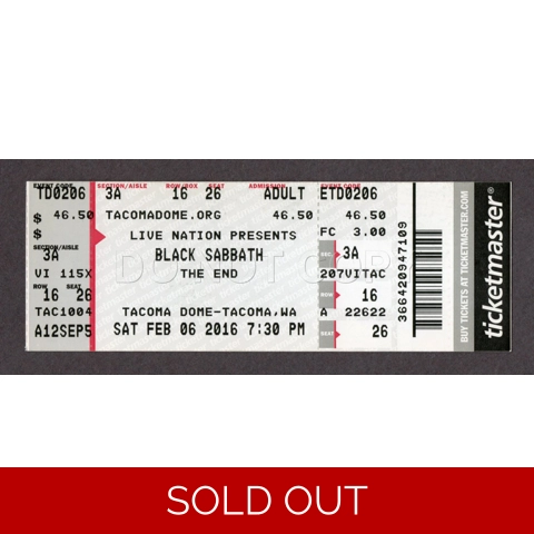 2016 BLACK SABBATH Concert 2/6 Full Ticket TACOMA DOME Washington OZZY THE END